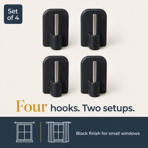 Four pack of black sash rod hooks covering two windows or one double tier window