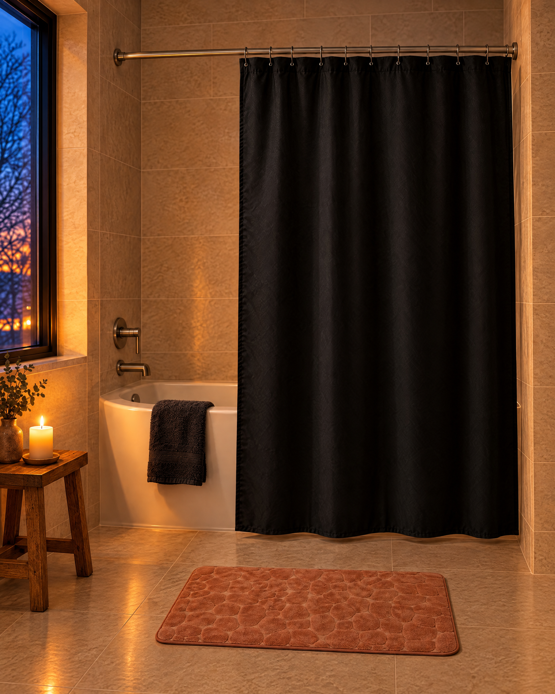Black extra long polyester shower curtain over a white alcove tub with a copper pebble memory foam bath mat in a candlelit guest bathroom at dusk