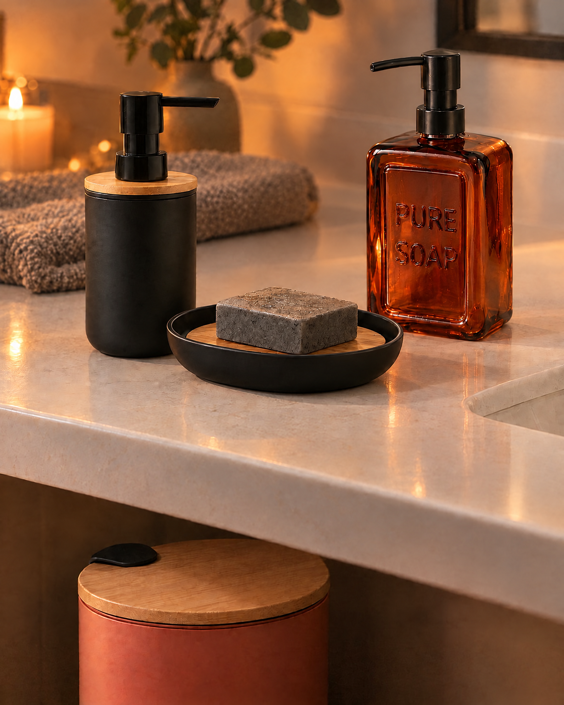 Matte black bamboo soap dispenser, oval black soap dish, amber glass PURE SOAP bottle and terracotta pedal bin in a low-lit guest bathroom